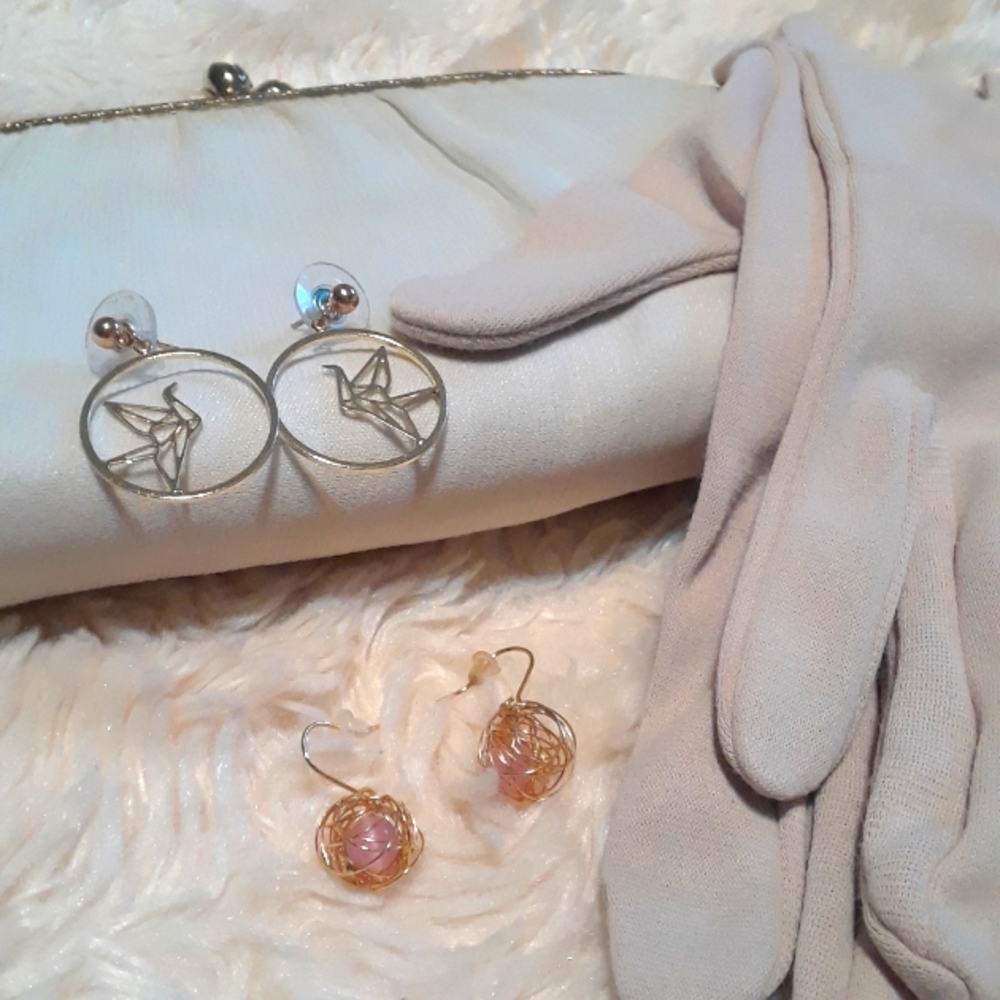 Crane and Nest Hanging Earrings Set of Two Gold Toned